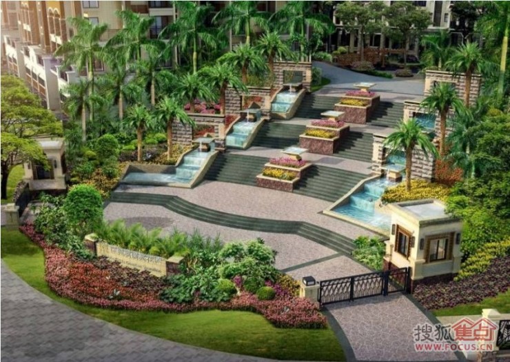 台地式入口园林景观,气势磅礴,两侧清径水景,容自然,美景于一体.