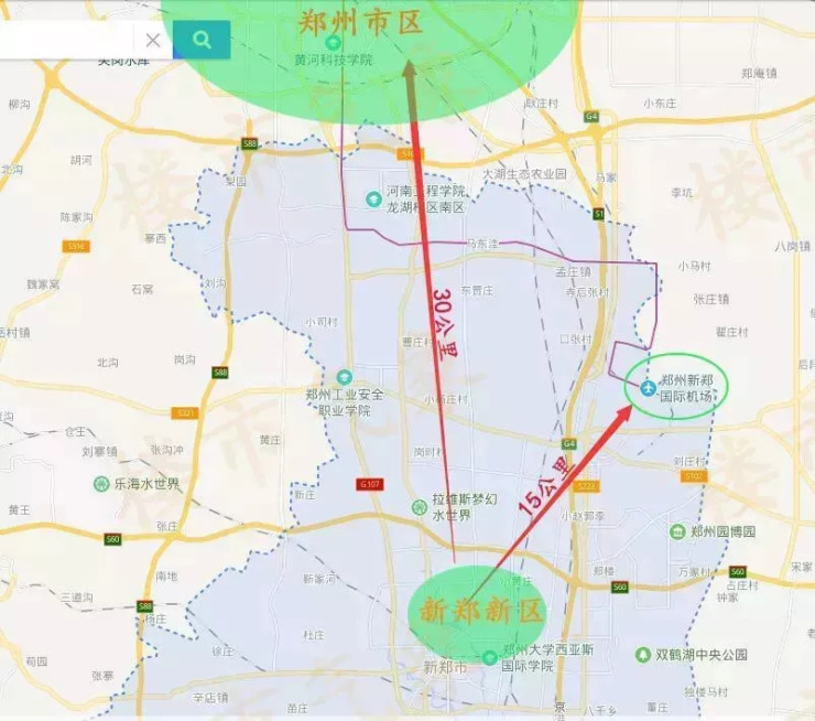 郑州市区南30公里,距新郑国际机场公里