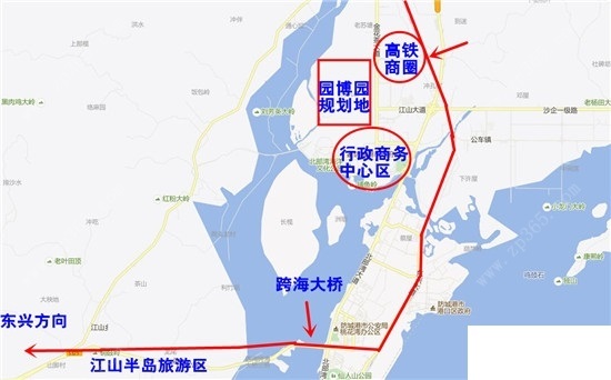 拐进拥军路(建设高架桥))并跨过跨海大桥(扩建)进入江山半岛直抵东兴