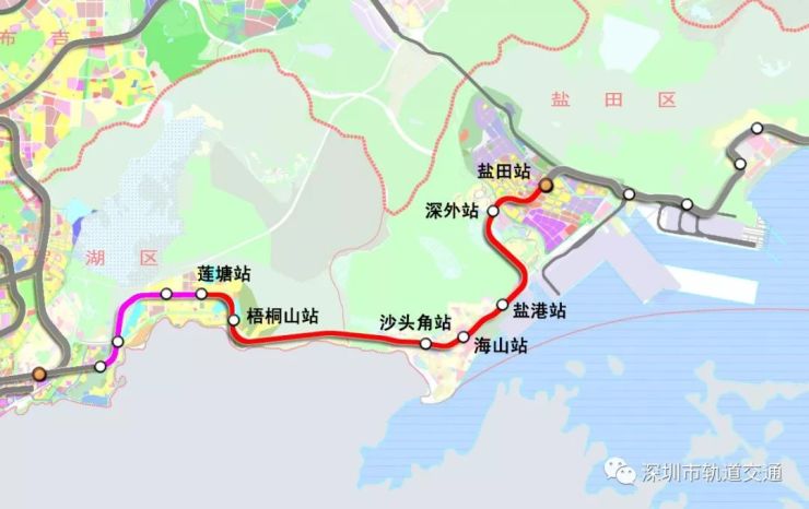 站盐田路站末端接出,终至盐田区小梅沙站,设北山道,盐田食街,大梅沙