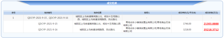 青岛第二批集中供地城阳区2宗土地底价成交总价565亿元