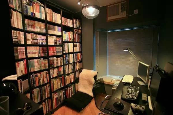 书房整面墙都被做成了书柜,整个空间的色调偏暗,并且采用了较暗的