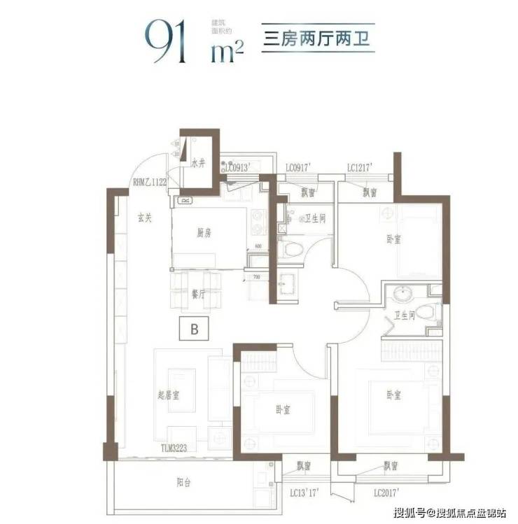 建面约91㎡-121㎡ 3房2厅2卫;这几个户型都是3房的设计,满足想一步