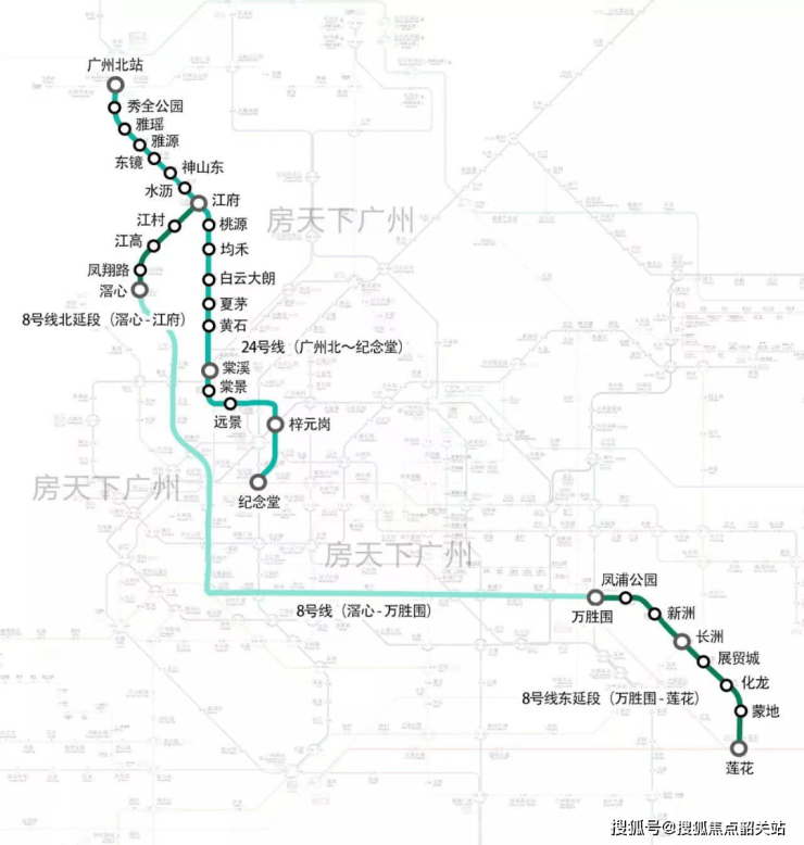 地铁24号线,即8号线北延段拆解线工程(广州北～纪念堂站),线路全长约