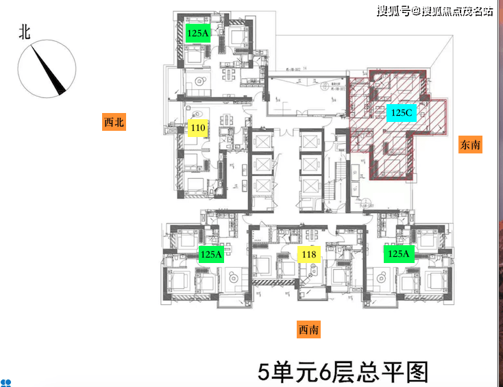 1-4栋低区和1-5栋低区标准整层平面图:9,顶层有约280﹐和约400﹐户型