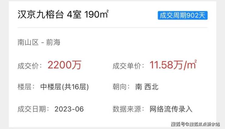 2023年6月,小南山的漢京九榕臺一套190㎡的4房,成交單價11.